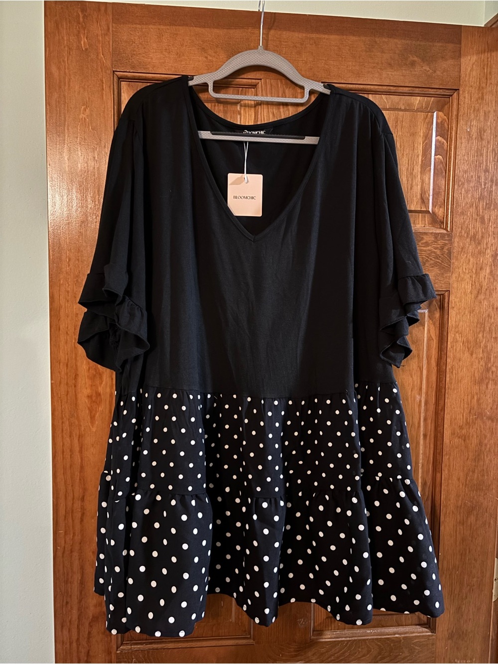 BloomChic Black V‑Neck Tiered Polka Dot Midi Dress